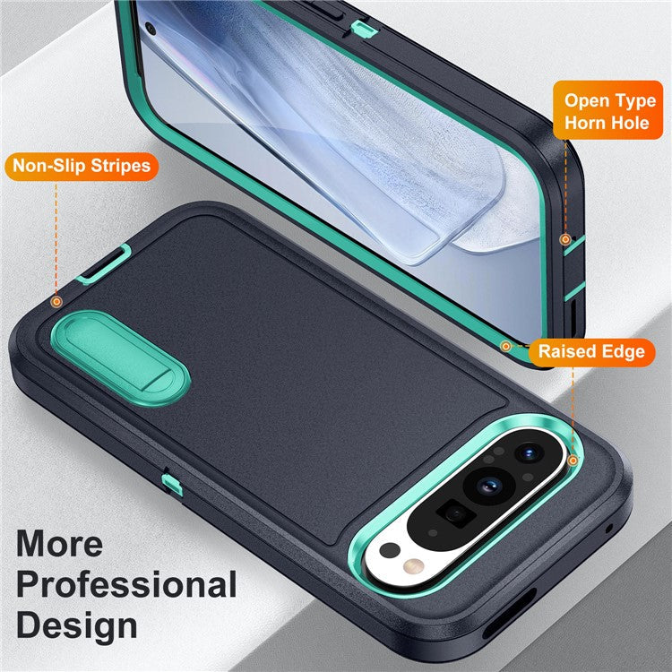 For Google Pixel 9 Pro XL Case Kickstand Phone Cover PC+Silicone+EVA 3-in-1 Design - Dark Blue+Light Cyan