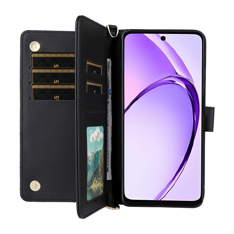 Wallet Phone Case for Oppo A3x 4G / 5G (India) / A3 4G / 5G / A40 4G / A40M 4G / A60 5G / A3i 5G Leather Cover with Shoulder Strap - Black