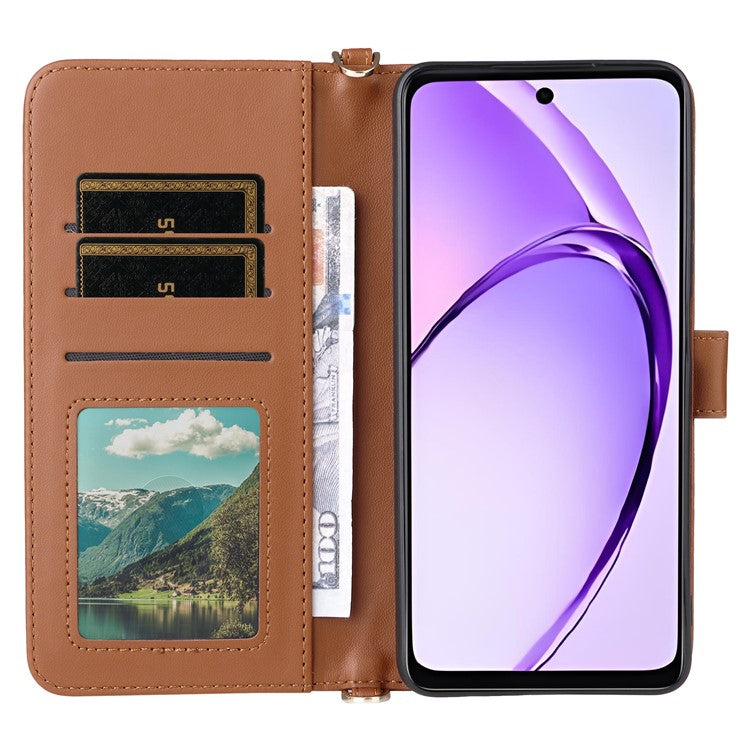 Wallet Phone Case for Oppo A3x 4G / 5G (India) / A3 4G / 5G / A40 4G / A40M 4G / A60 5G / A3i 5G Leather Cover with Shoulder Strap - Brown