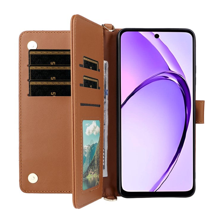 Wallet Phone Case for Oppo A3x 4G / 5G (India) / A3 4G / 5G / A40 4G / A40M 4G / A60 5G / A3i 5G Leather Cover with Shoulder Strap - Brown