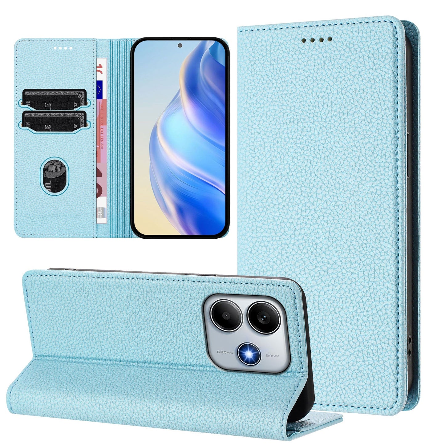 For Xiaomi Redmi Note 14 5G Wallet Case RFID Blocking Litchi Texture Leather Mobile Cover - Baby Blue