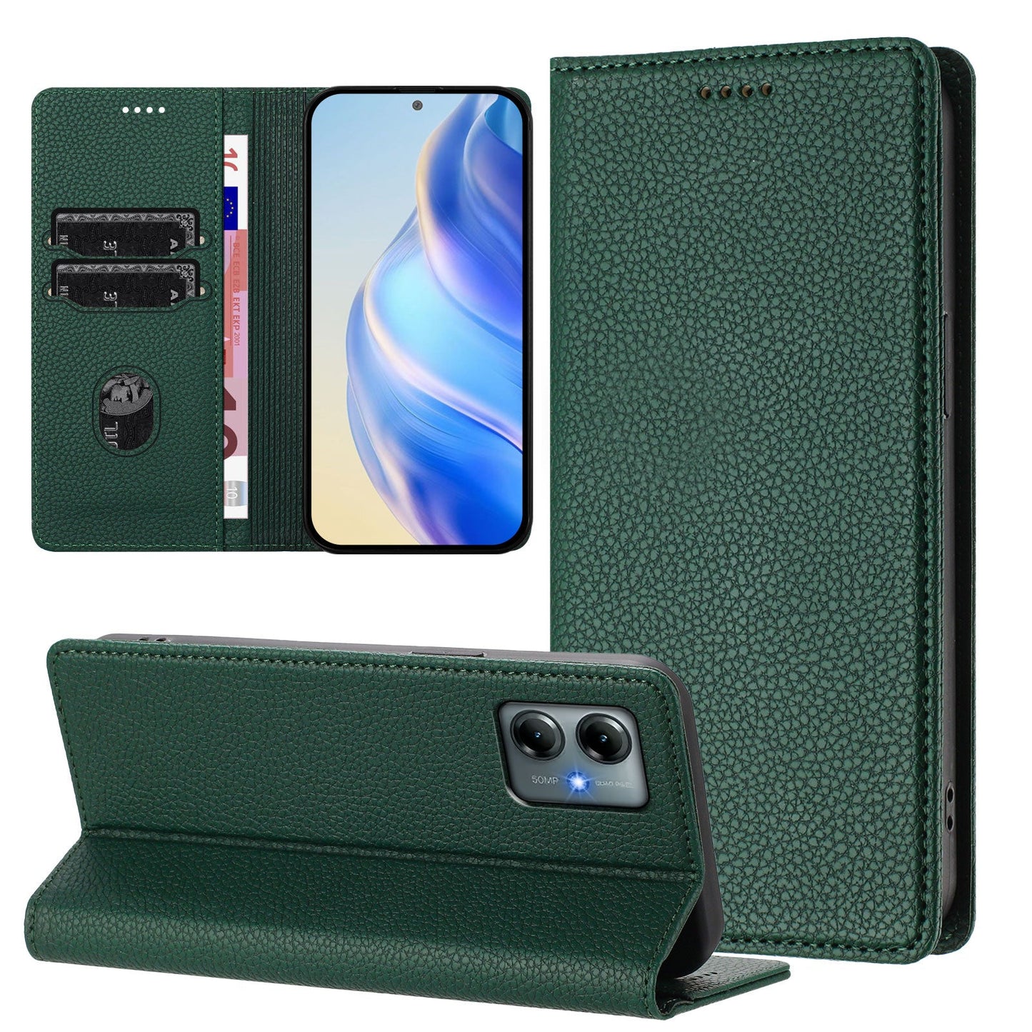 For Motorola Moto G Play (2025) 4G Wallet Case RFID Blocking Litchi Texture Leather Mobile Cover - Dark Green
