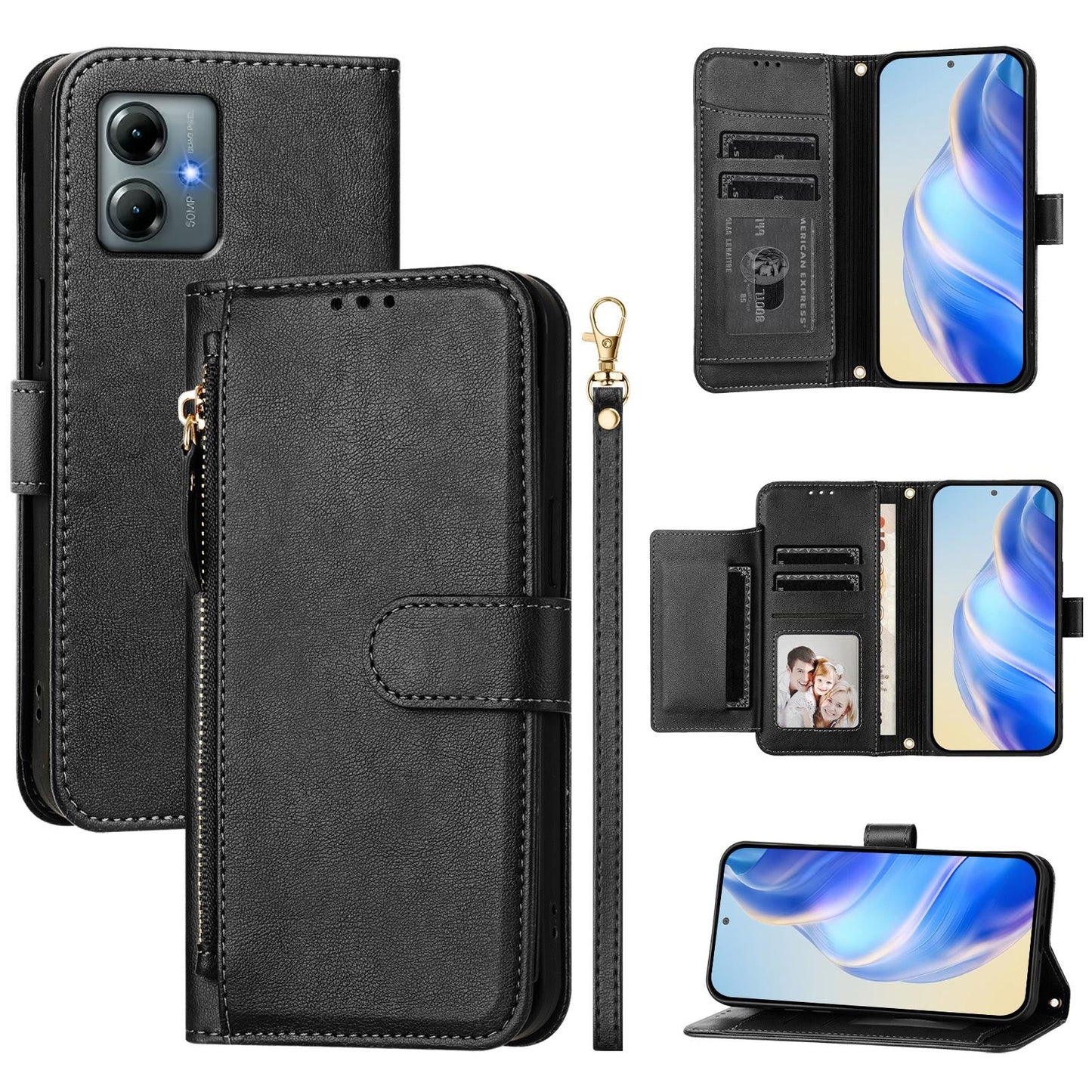 For Motorola Moto G Play (2025) 4G Case Zipper Pocket Multiple Card Slots Leather Phone Cover - Black