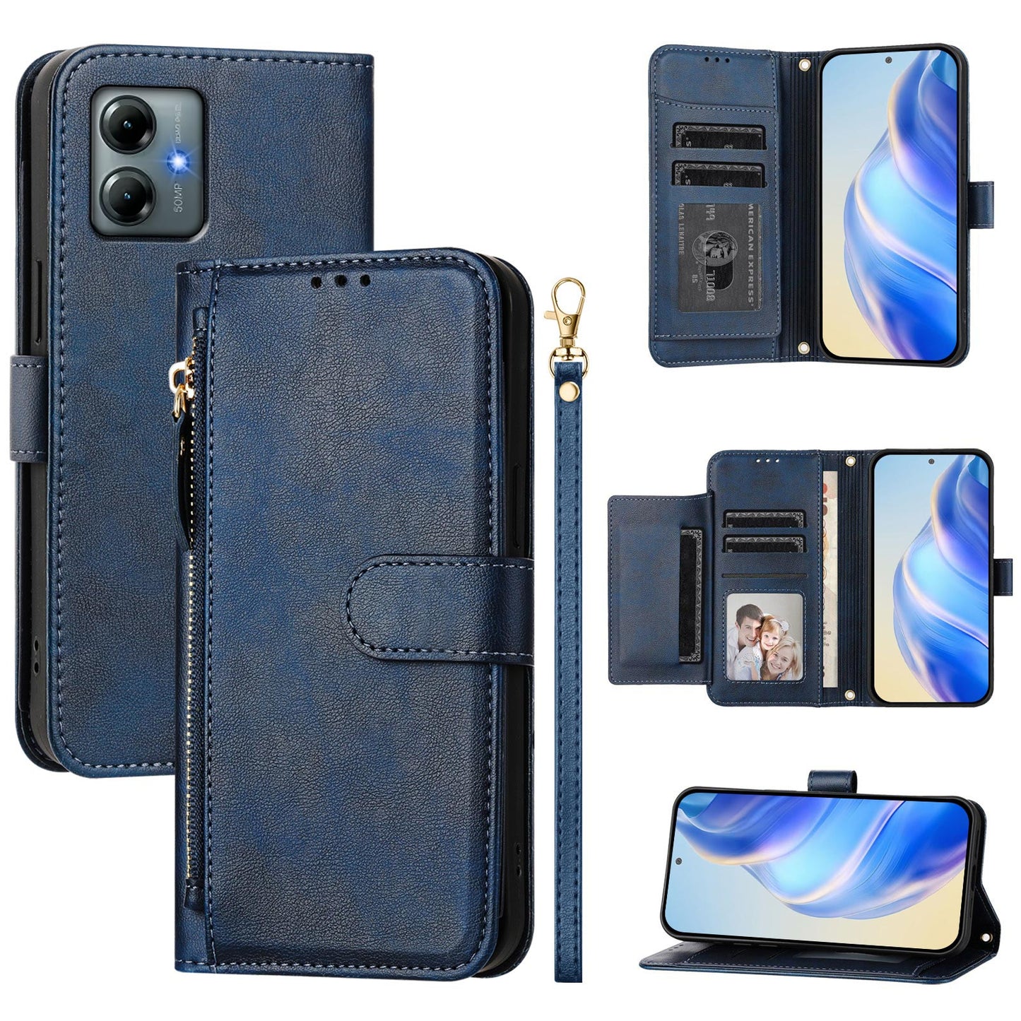 For Motorola Moto G Play (2025) 4G Case Zipper Pocket Multiple Card Slots Leather Phone Cover - Blue