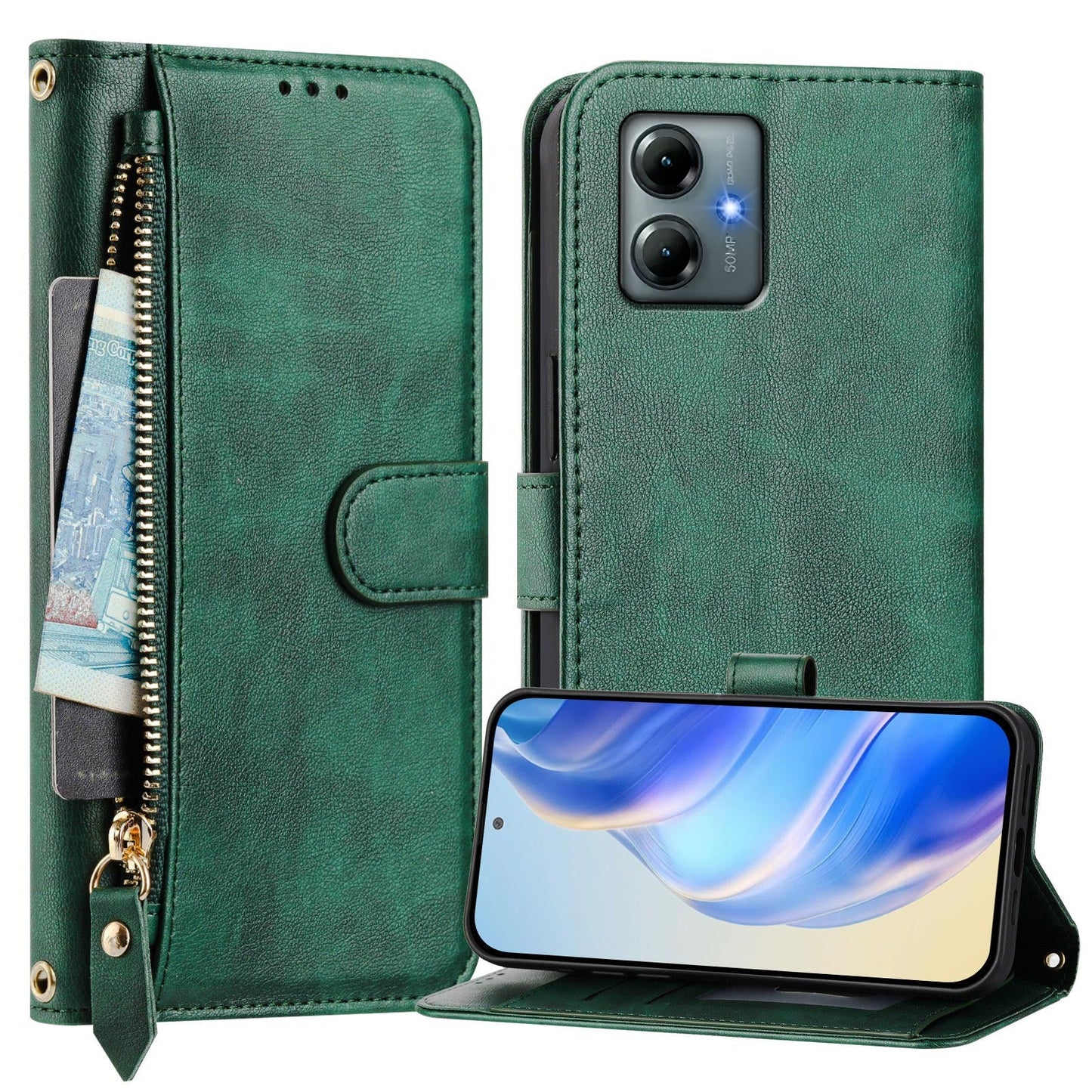 For Motorola Moto G Play (2025) 4G Case Zipper Pocket Multiple Card Slots Leather Phone Cover - Green