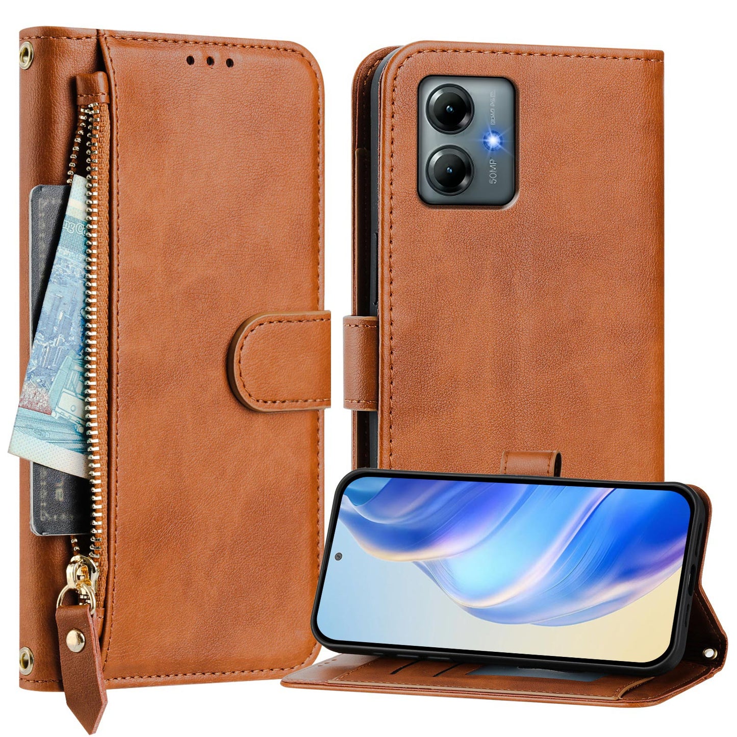 For Motorola Moto G Play (2025) 4G Case Zipper Pocket Multiple Card Slots Leather Phone Cover - Brown