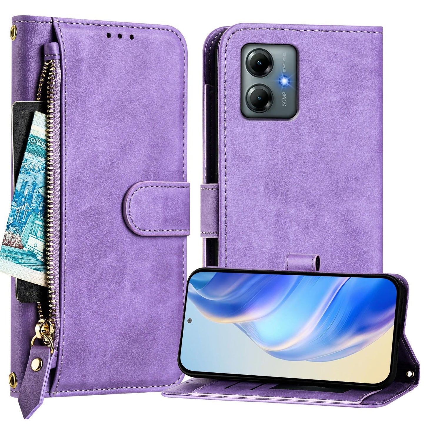 For Motorola Moto G Play (2025) 4G Case Zipper Pocket Multiple Card Slots Leather Phone Cover - Purple