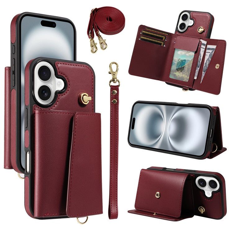 For iPhone 16 Crossbody Phone Case Card Holder Kickstand Leather Coated TPU Mobile Cover - Wine Red
