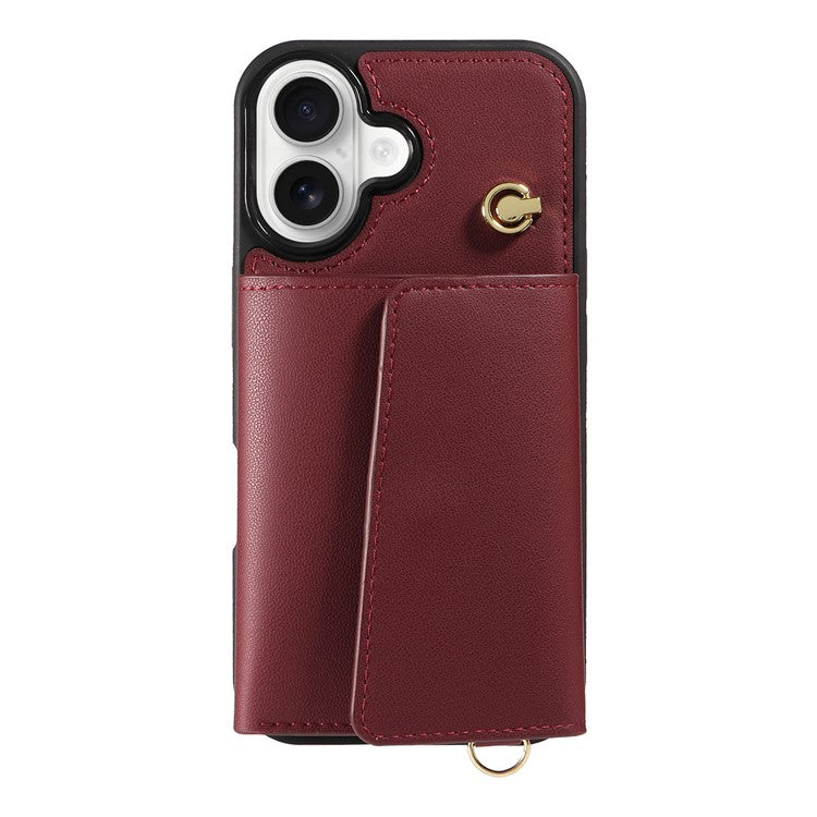 For iPhone 16 Crossbody Phone Case Card Holder Kickstand Leather Coated TPU Mobile Cover - Wine Red