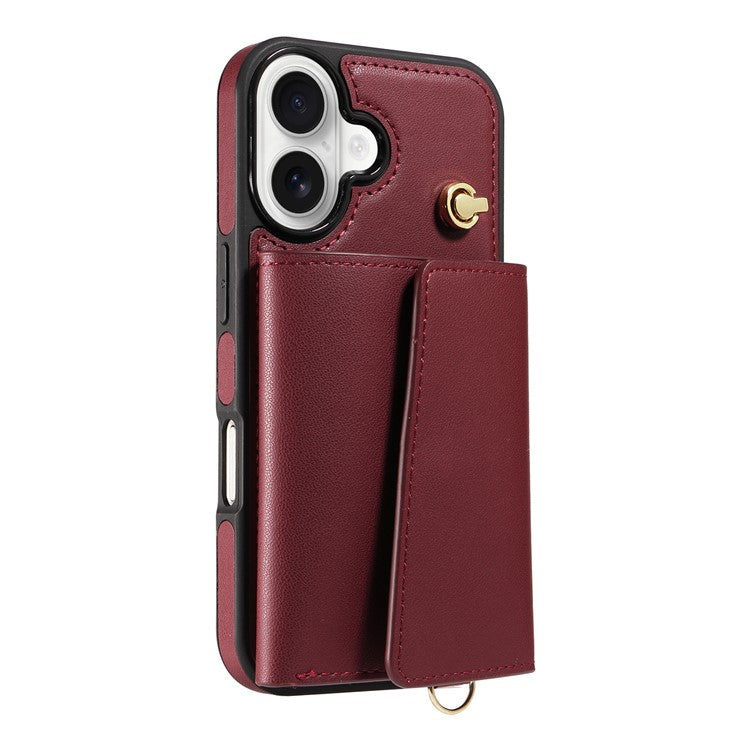 For iPhone 16 Crossbody Phone Case Card Holder Kickstand Leather Coated TPU Mobile Cover - Wine Red