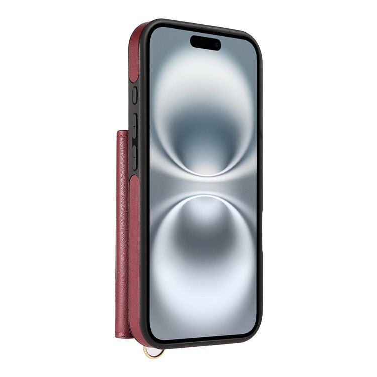 For iPhone 16 Crossbody Phone Case Card Holder Kickstand Leather Coated TPU Mobile Cover - Wine Red