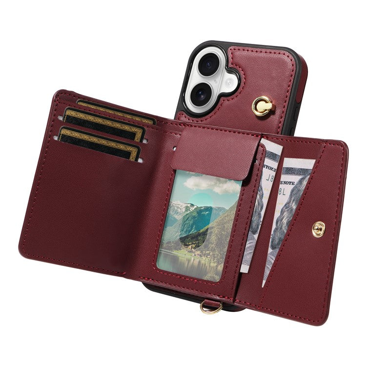 For iPhone 16 Crossbody Phone Case Card Holder Kickstand Leather Coated TPU Mobile Cover - Wine Red