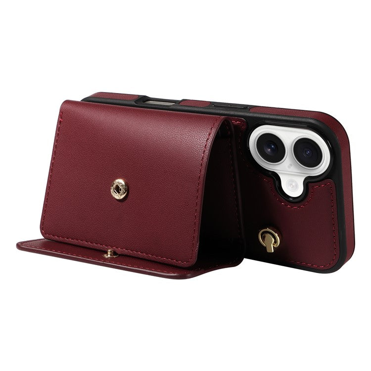 For iPhone 16 Crossbody Phone Case Card Holder Kickstand Leather Coated TPU Mobile Cover - Wine Red