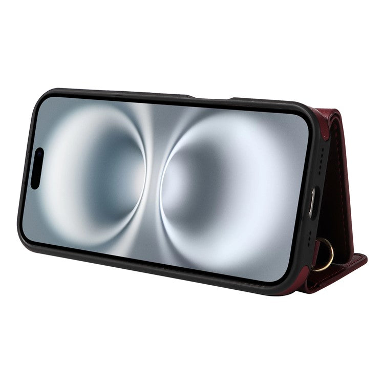 For iPhone 16 Crossbody Phone Case Card Holder Kickstand Leather Coated TPU Mobile Cover - Wine Red