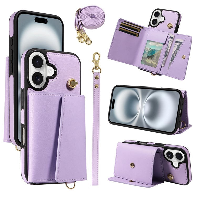 For iPhone 16 Crossbody Phone Case Card Holder Kickstand Leather Coated TPU Mobile Cover - Purple