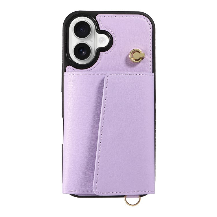 For iPhone 16 Crossbody Phone Case Card Holder Kickstand Leather Coated TPU Mobile Cover - Purple