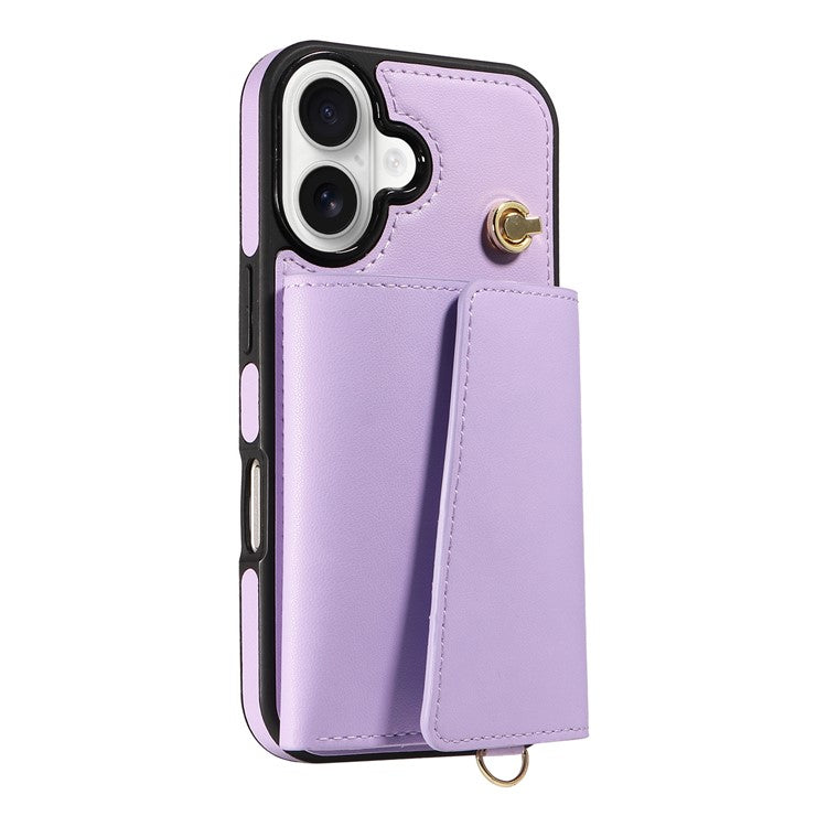 For iPhone 16 Crossbody Phone Case Card Holder Kickstand Leather Coated TPU Mobile Cover - Purple