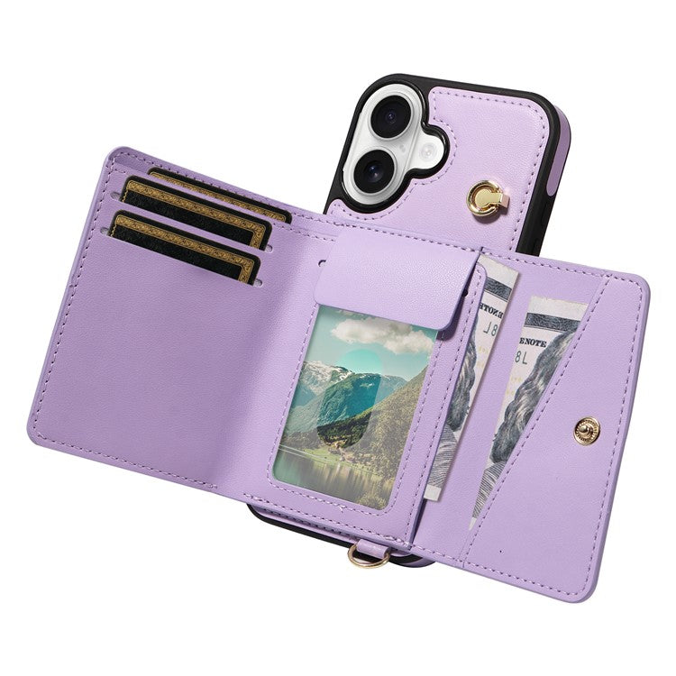 For iPhone 16 Crossbody Phone Case Card Holder Kickstand Leather Coated TPU Mobile Cover - Purple