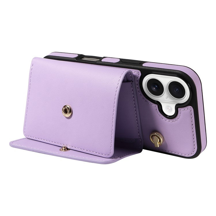 For iPhone 16 Crossbody Phone Case Card Holder Kickstand Leather Coated TPU Mobile Cover - Purple