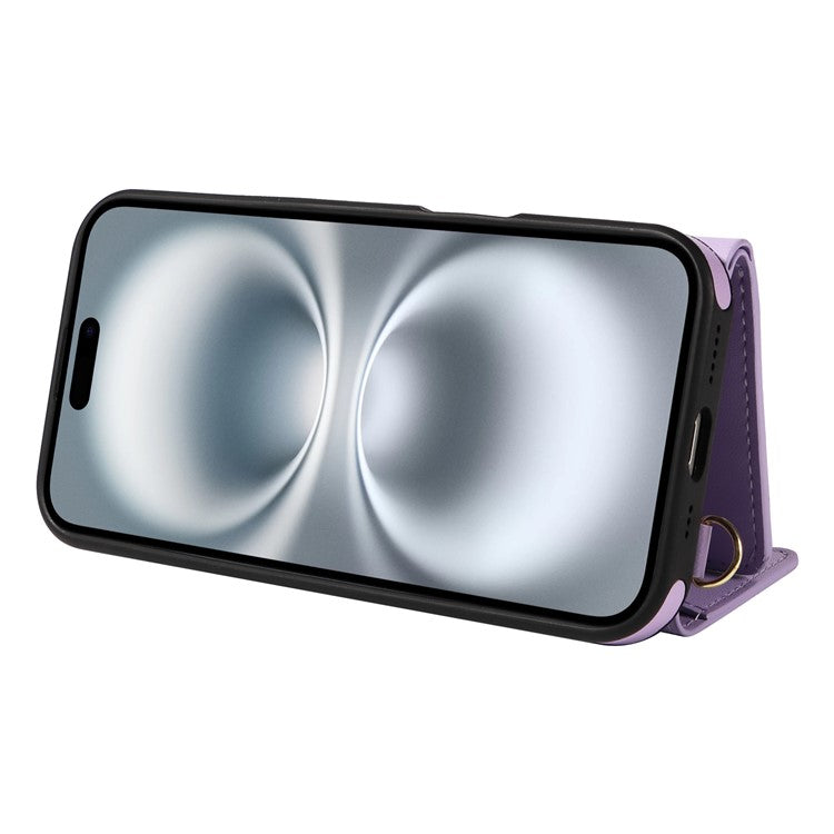 For iPhone 16 Crossbody Phone Case Card Holder Kickstand Leather Coated TPU Mobile Cover - Purple
