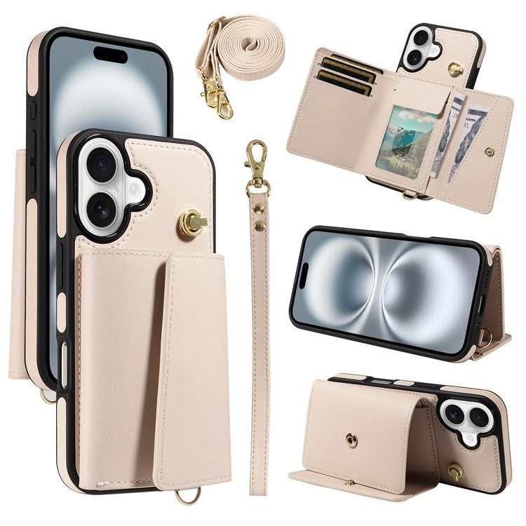 For iPhone 16 Crossbody Phone Case Card Holder Kickstand Leather Coated TPU Mobile Cover - Beige