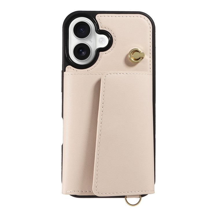 For iPhone 16 Crossbody Phone Case Card Holder Kickstand Leather Coated TPU Mobile Cover - Beige