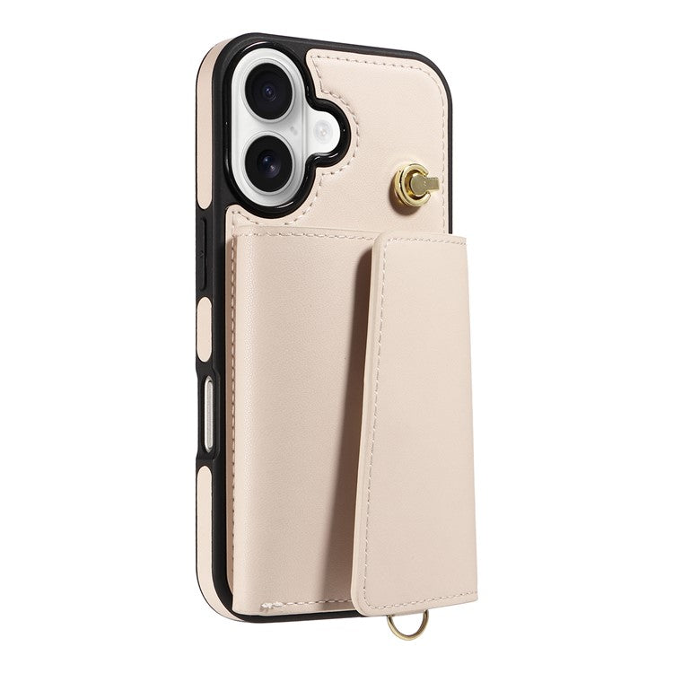 For iPhone 16 Crossbody Phone Case Card Holder Kickstand Leather Coated TPU Mobile Cover - Beige