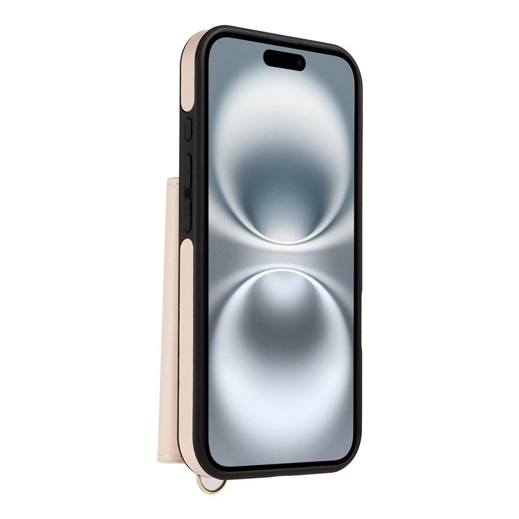 For iPhone 16 Crossbody Phone Case Card Holder Kickstand Leather Coated TPU Mobile Cover - Beige