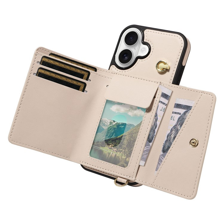 For iPhone 16 Crossbody Phone Case Card Holder Kickstand Leather Coated TPU Mobile Cover - Beige