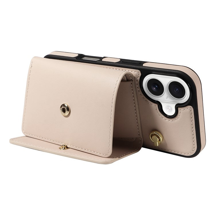 For iPhone 16 Crossbody Phone Case Card Holder Kickstand Leather Coated TPU Mobile Cover - Beige