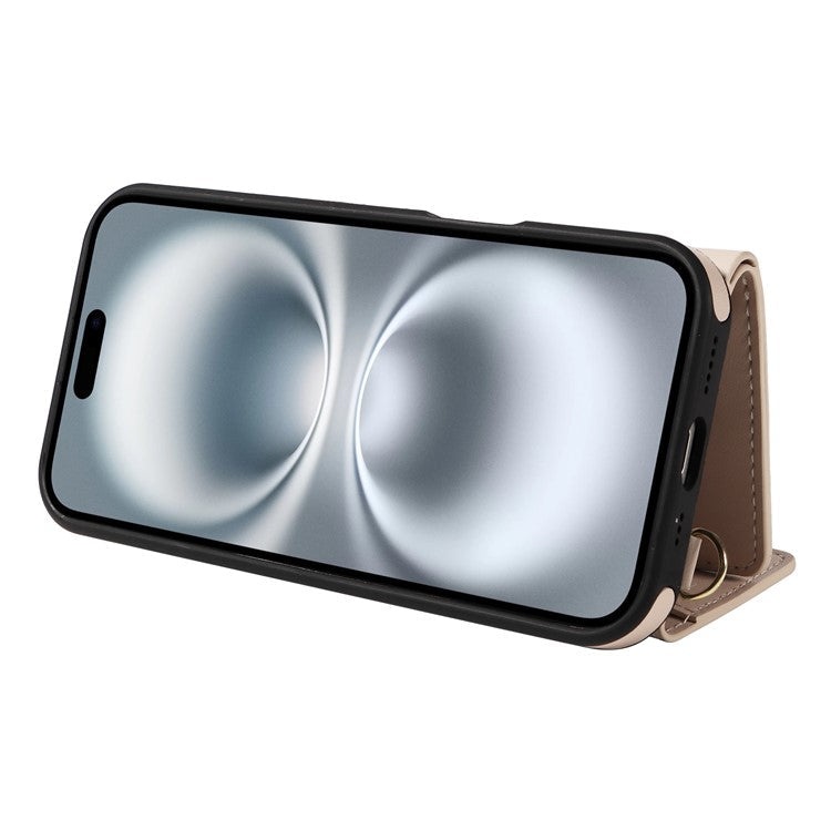 For iPhone 16 Crossbody Phone Case Card Holder Kickstand Leather Coated TPU Mobile Cover - Beige