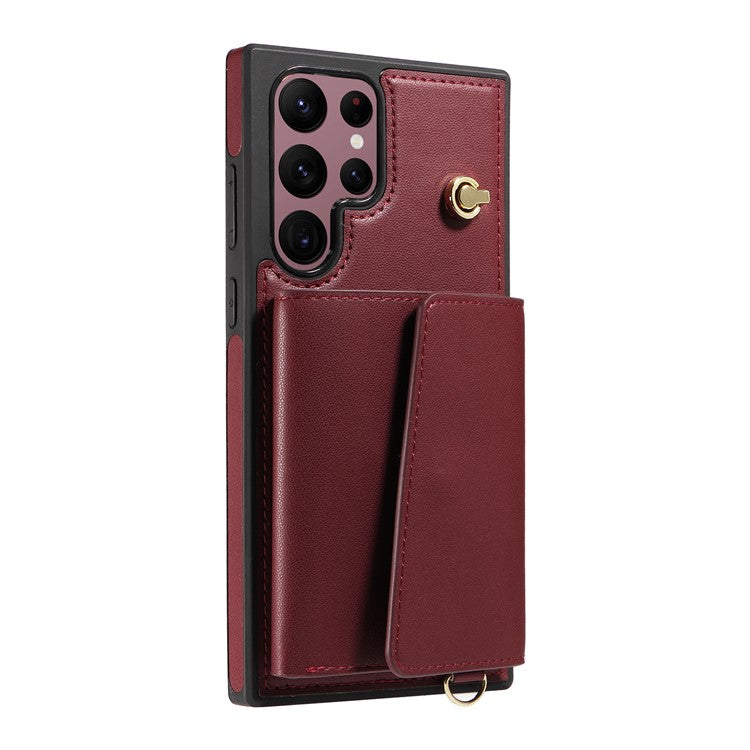 For Samsung Galaxy S22 Ultra 5G Crossbody Phone Case Card Holder Kickstand Leather Coated TPU Mobile Cover - Wine Red