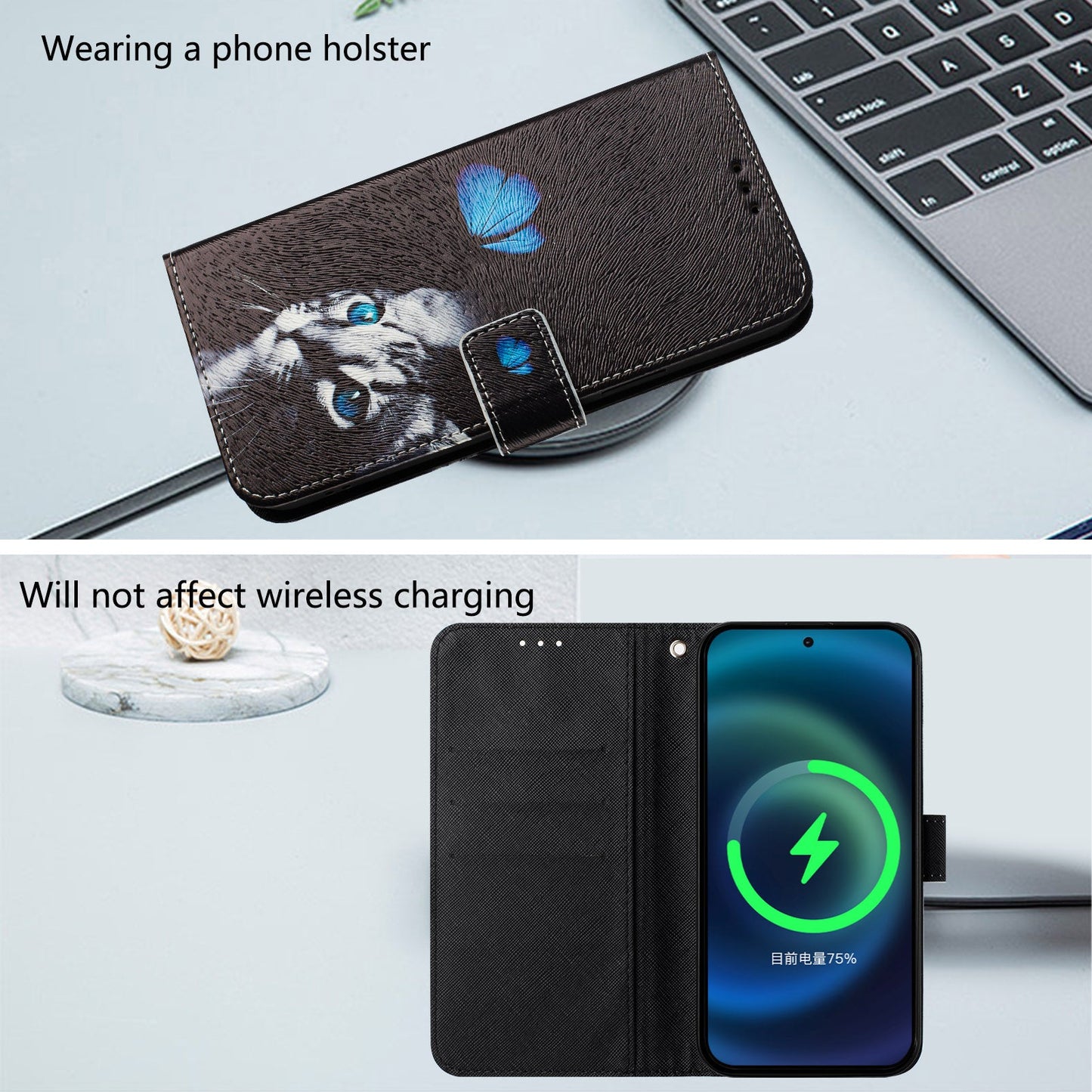 For Xiaomi Redmi Note 14 5G Case Pattern Printing Wallet Phone Cover with Strap - Butterfly and Cat