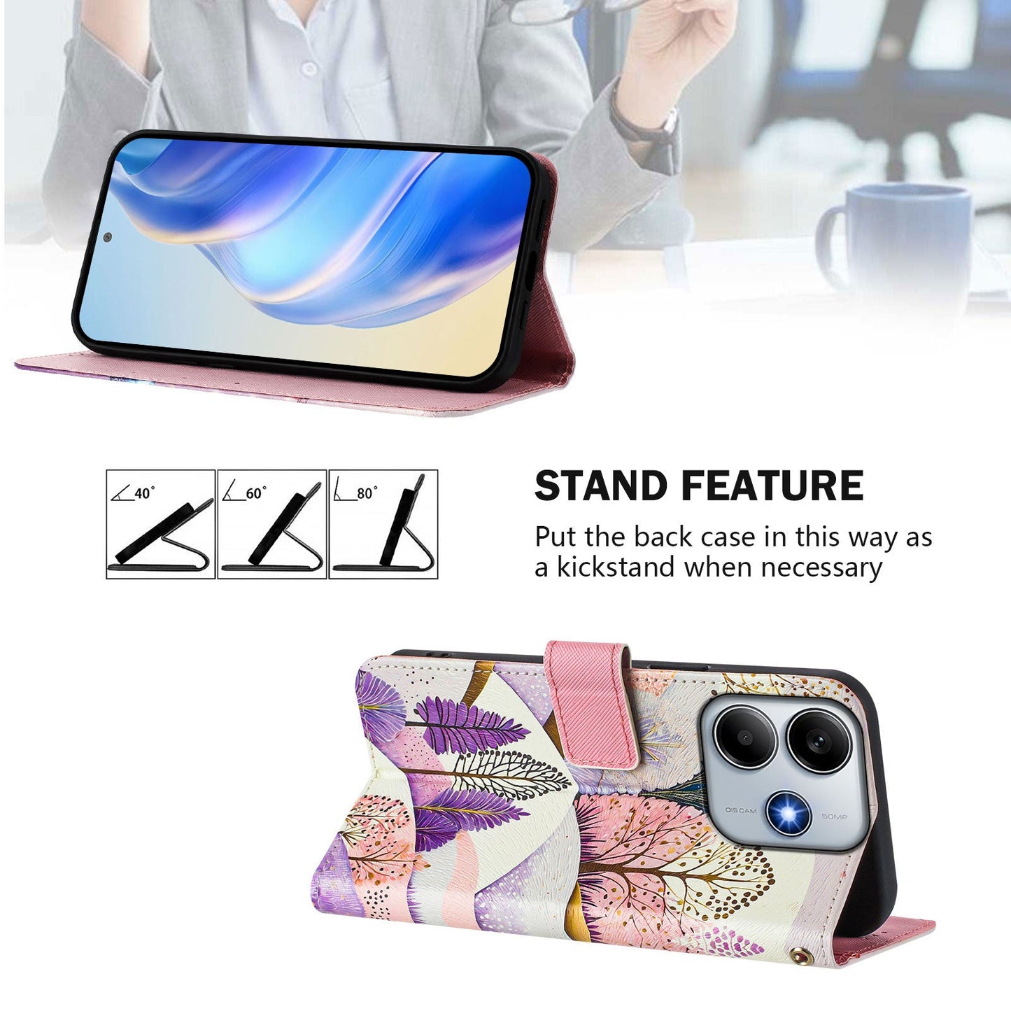 For Xiaomi Redmi Note 14 5G Case Pattern Printing Wallet Phone Cover with Strap - Tree