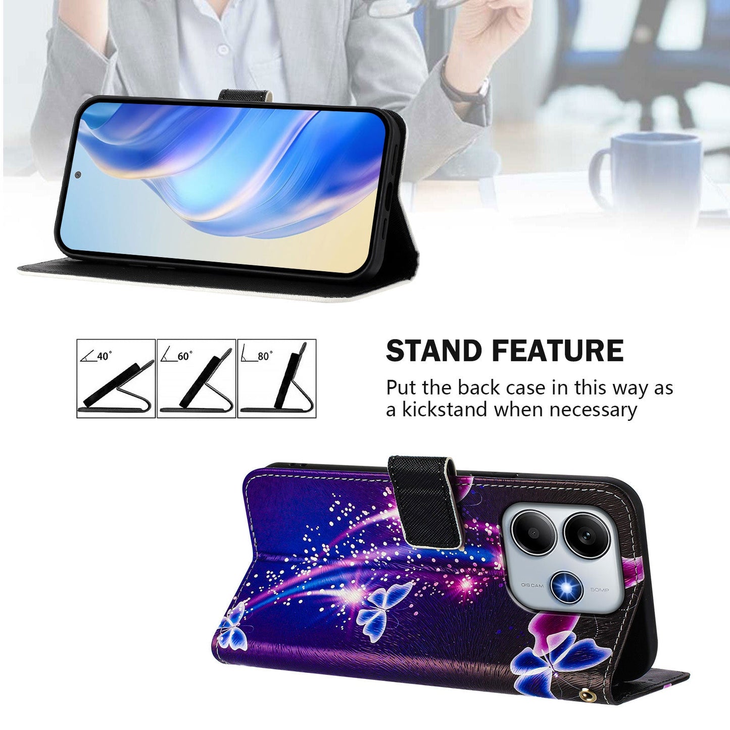 For Xiaomi Redmi Note 14 5G Case Pattern Printing Wallet Phone Cover with Strap - Firework Butterfly