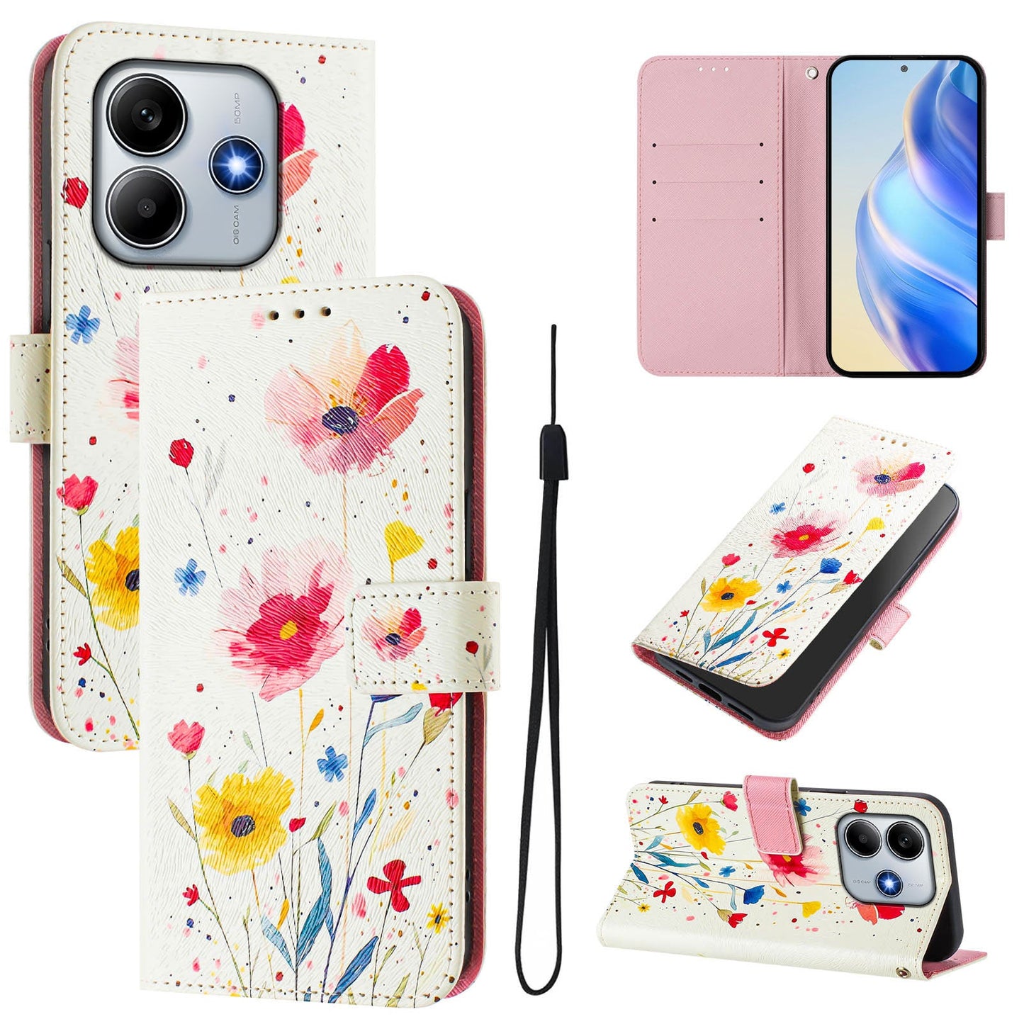 For Xiaomi Redmi Note 14 5G Case Pattern Printing Wallet Phone Cover with Strap - Flower