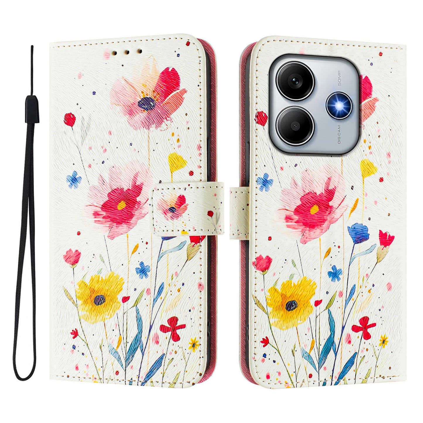 For Xiaomi Redmi Note 14 5G Case Pattern Printing Wallet Phone Cover with Strap - Flower