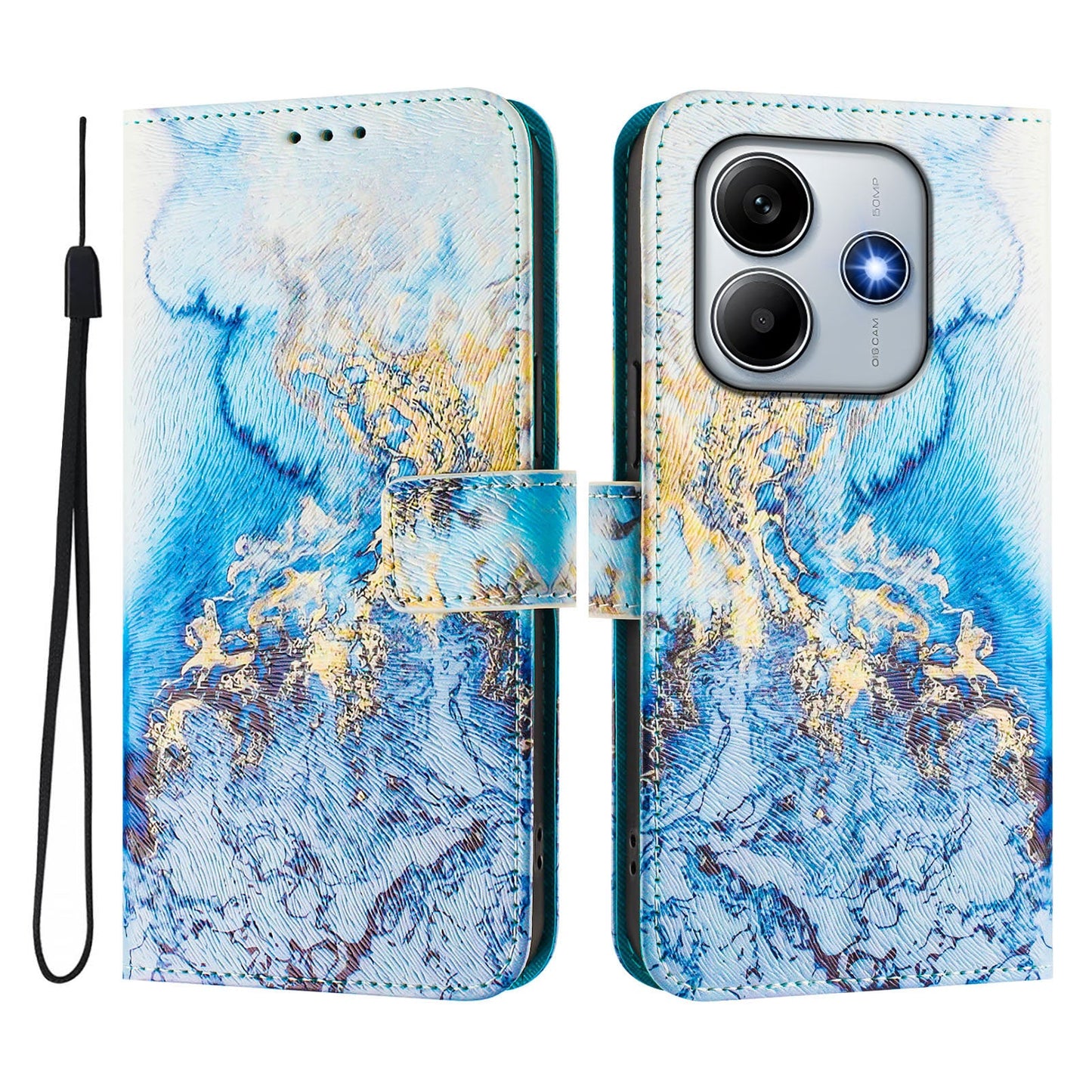 For Xiaomi Redmi Note 14 5G Case Pattern Printing Wallet Phone Cover with Strap - Ocean Marble