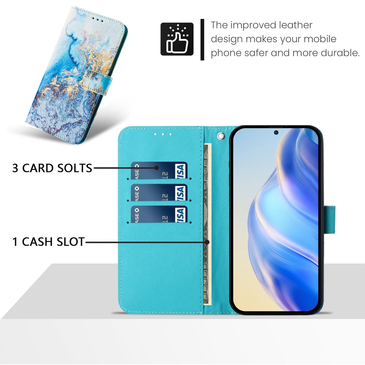 For Xiaomi Redmi Note 14 5G Case Pattern Printing Wallet Phone Cover with Strap - Ocean Marble