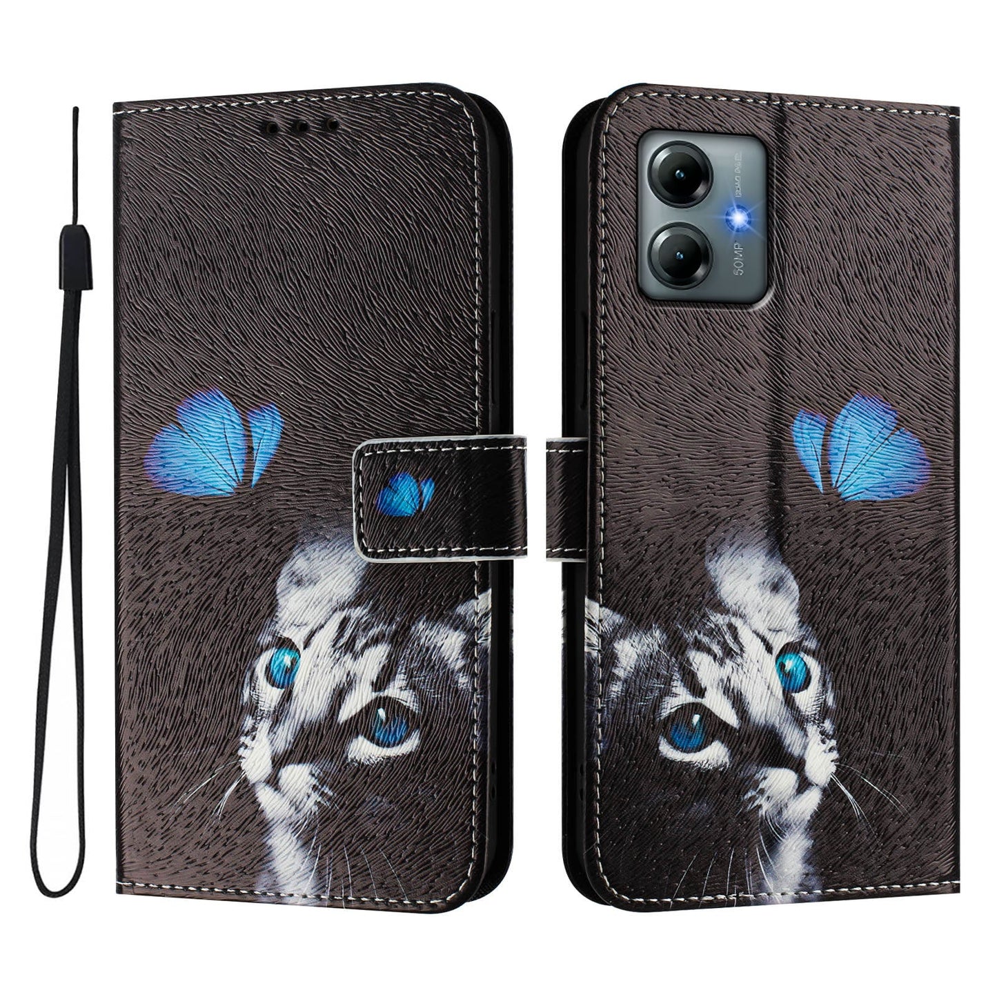 For Motorola Moto G Play (2025) 4G Case Pattern Printing Wallet Phone Cover with Strap - Butterfly and Cat