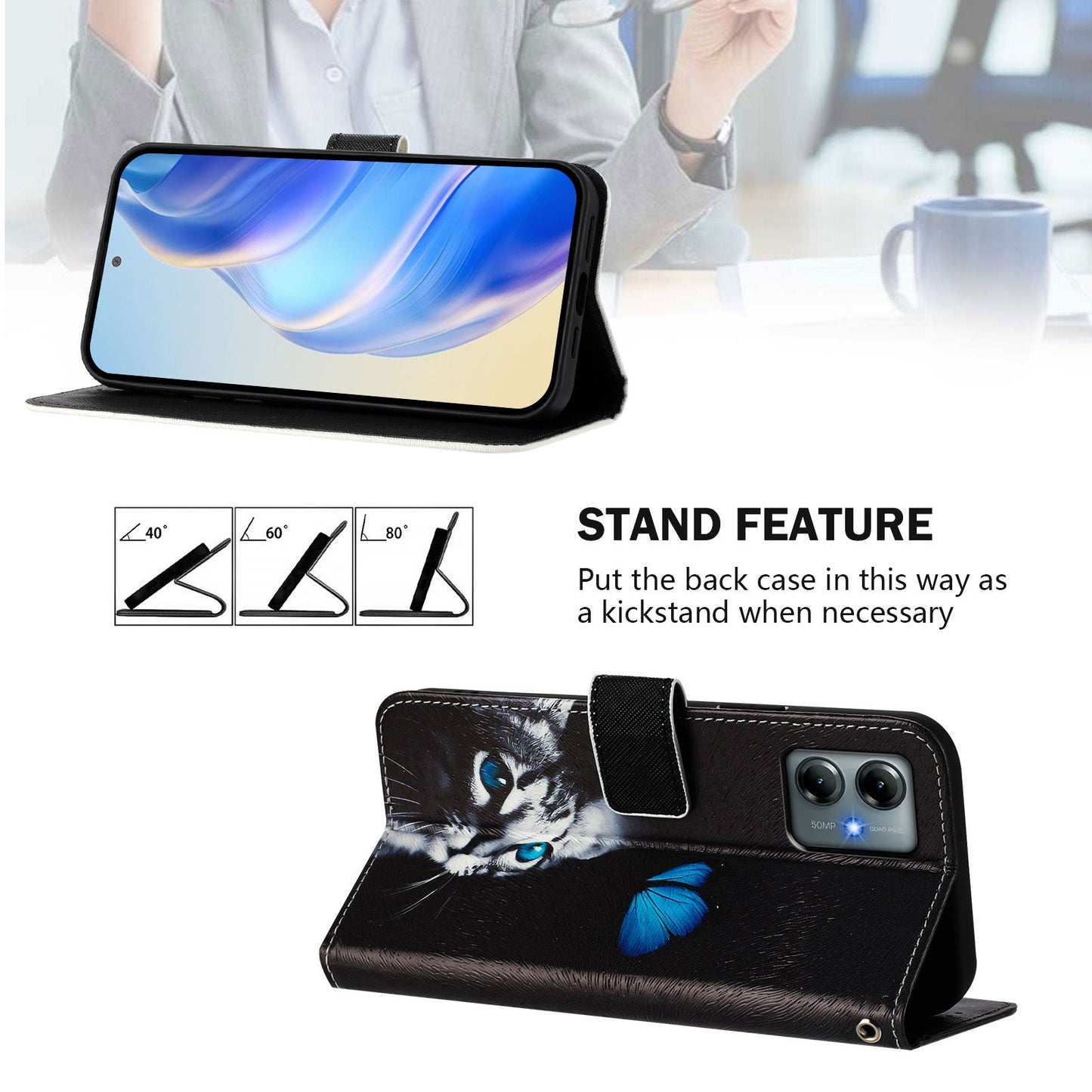 For Motorola Moto G Play (2025) 4G Case Pattern Printing Wallet Phone Cover with Strap - Butterfly and Cat