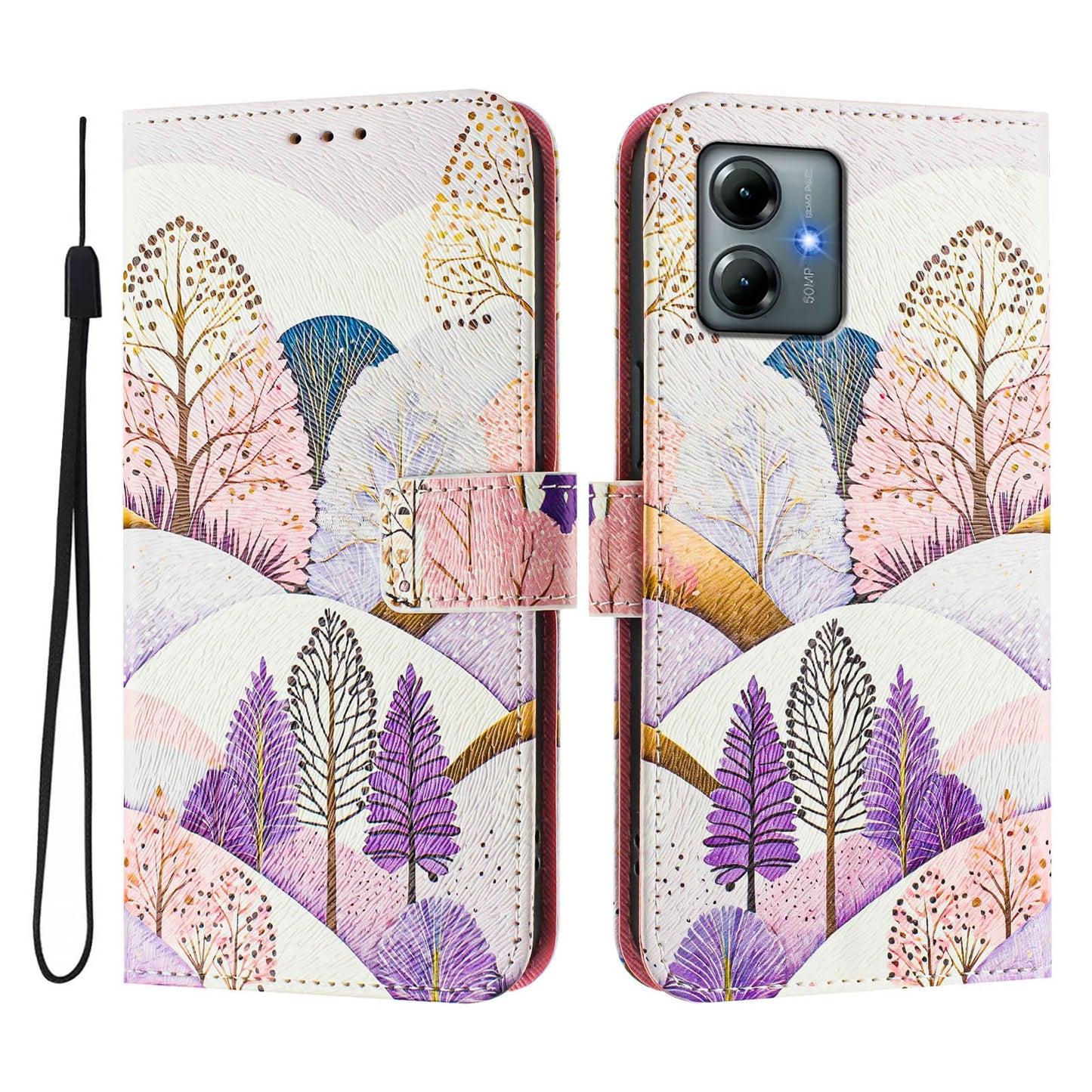 For Motorola Moto G Play (2025) 4G Case Pattern Printing Wallet Phone Cover with Strap - Tree