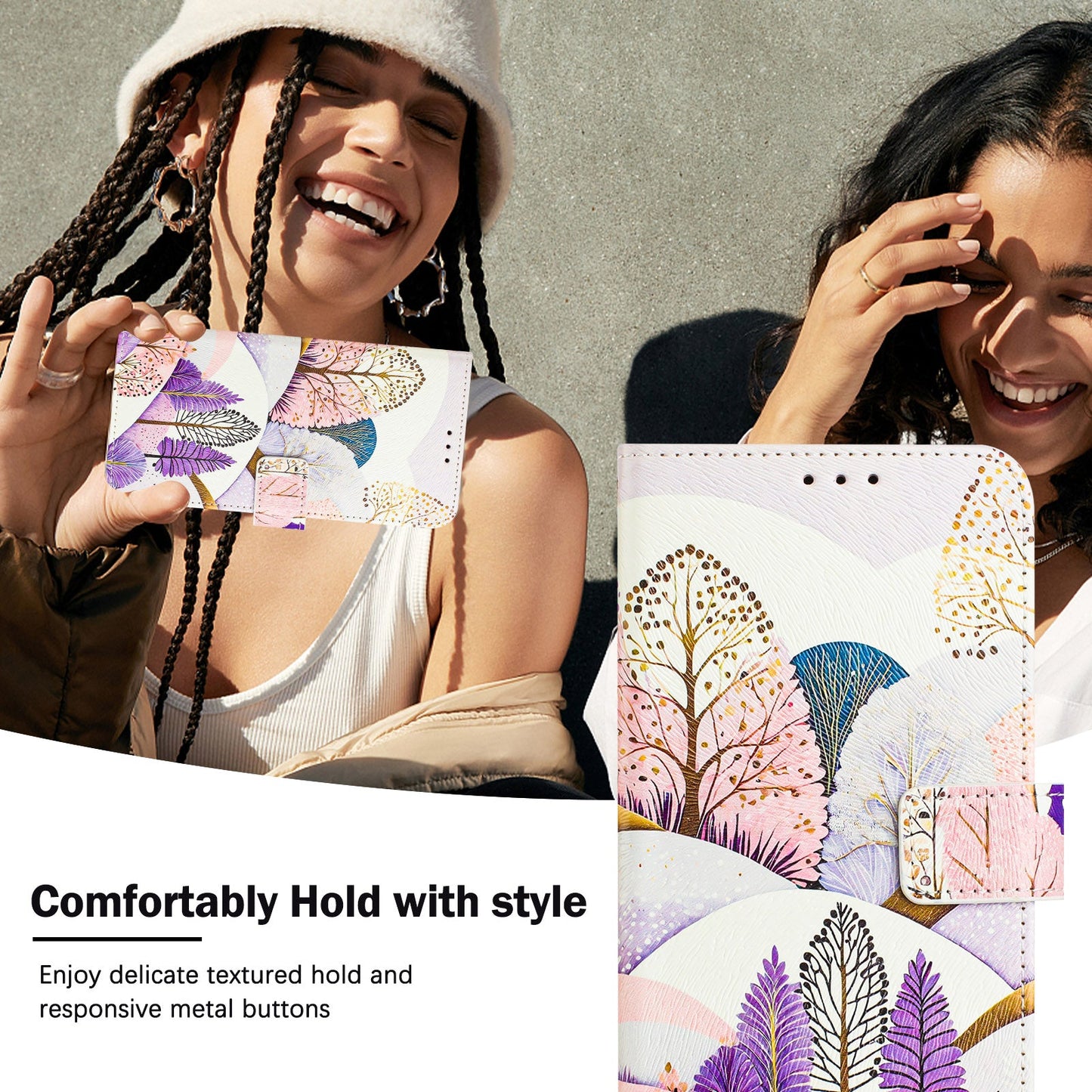 For Motorola Moto G Play (2025) 4G Case Pattern Printing Wallet Phone Cover with Strap - Tree