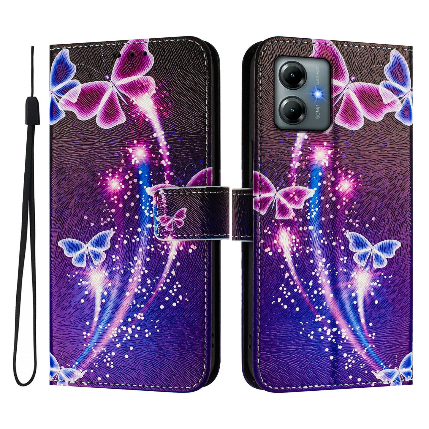 For Motorola Moto G Play (2025) 4G Case Pattern Printing Wallet Phone Cover with Strap - Firework Butterfly