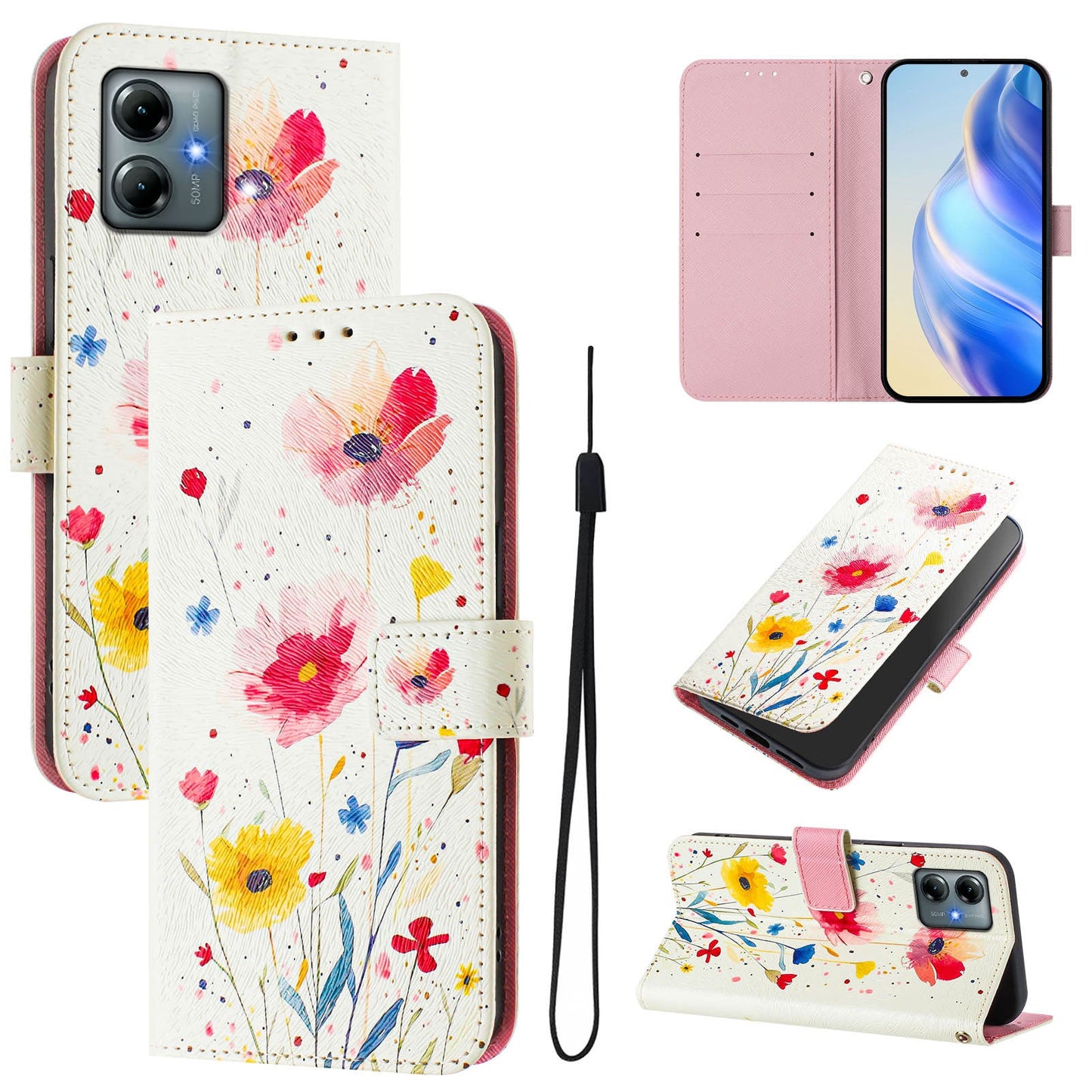 For Motorola Moto G Play (2025) 4G Case Pattern Printing Wallet Phone Cover with Strap - Flower