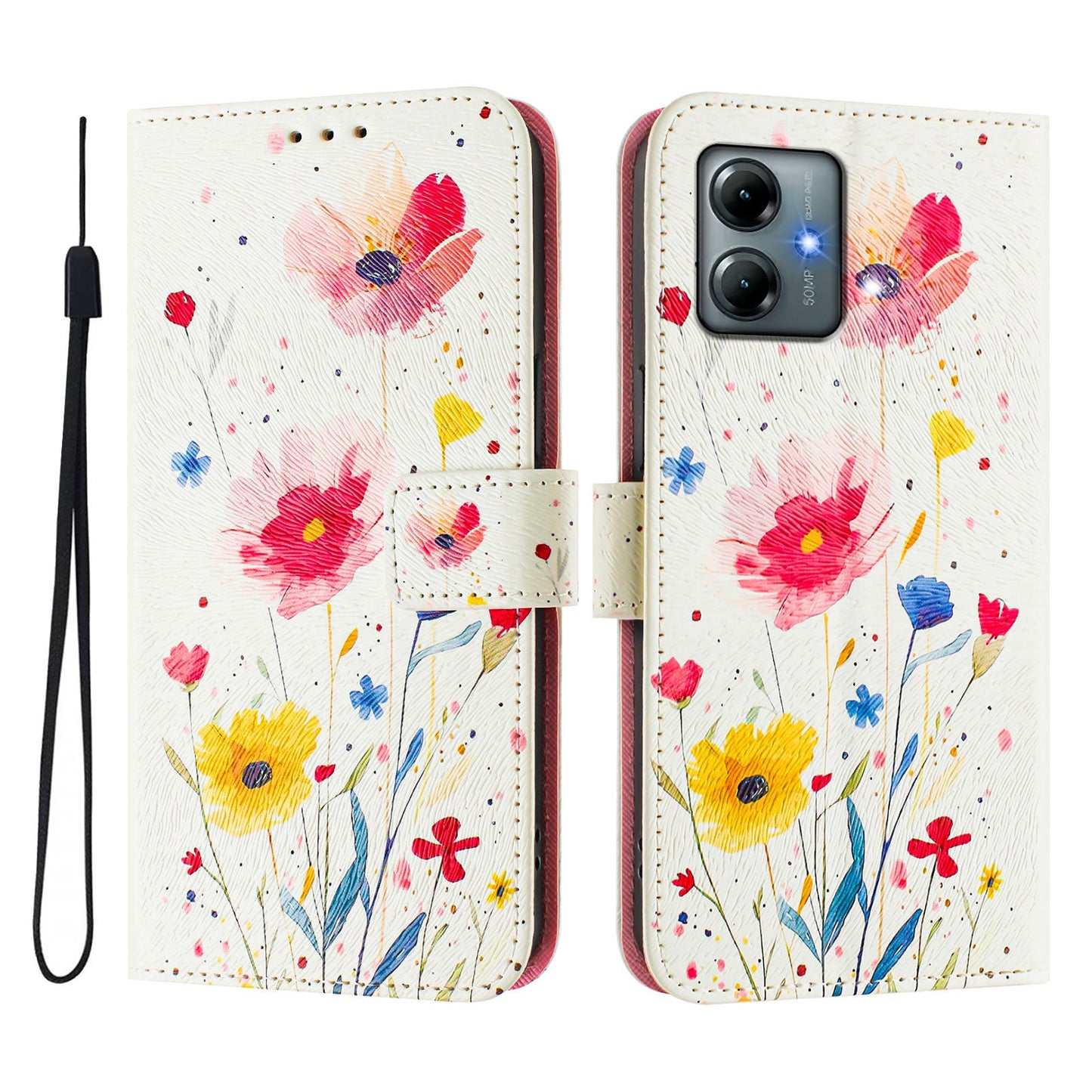 For Motorola Moto G Play (2025) 4G Case Pattern Printing Wallet Phone Cover with Strap - Flower