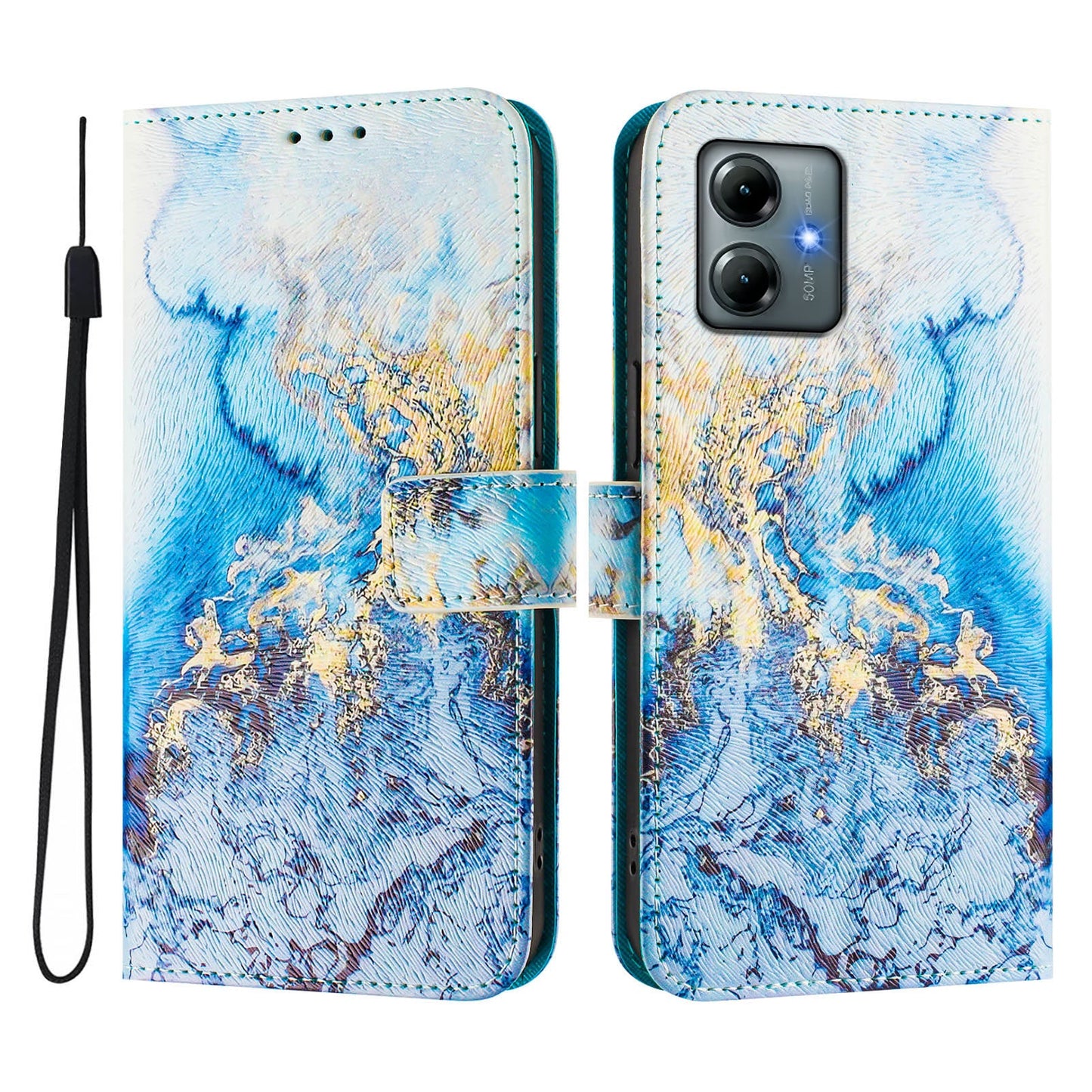 For Motorola Moto G Play (2025) 4G Case Pattern Printing Wallet Phone Cover with Strap - Ocean Marble