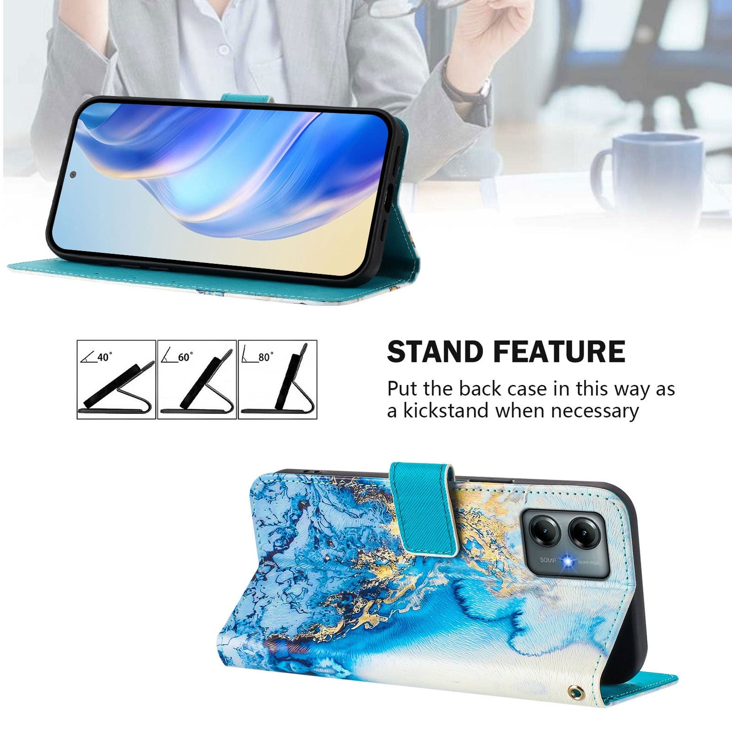 For Motorola Moto G Play (2025) 4G Case Pattern Printing Wallet Phone Cover with Strap - Ocean Marble
