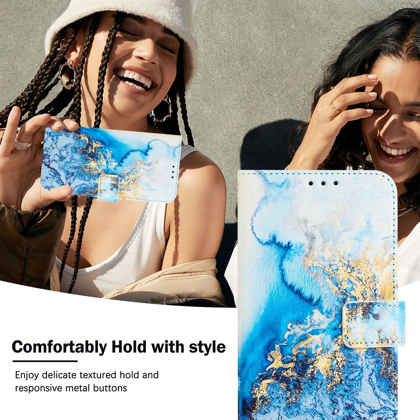 For Motorola Moto G Play (2025) 4G Case Pattern Printing Wallet Phone Cover with Strap - Ocean Marble