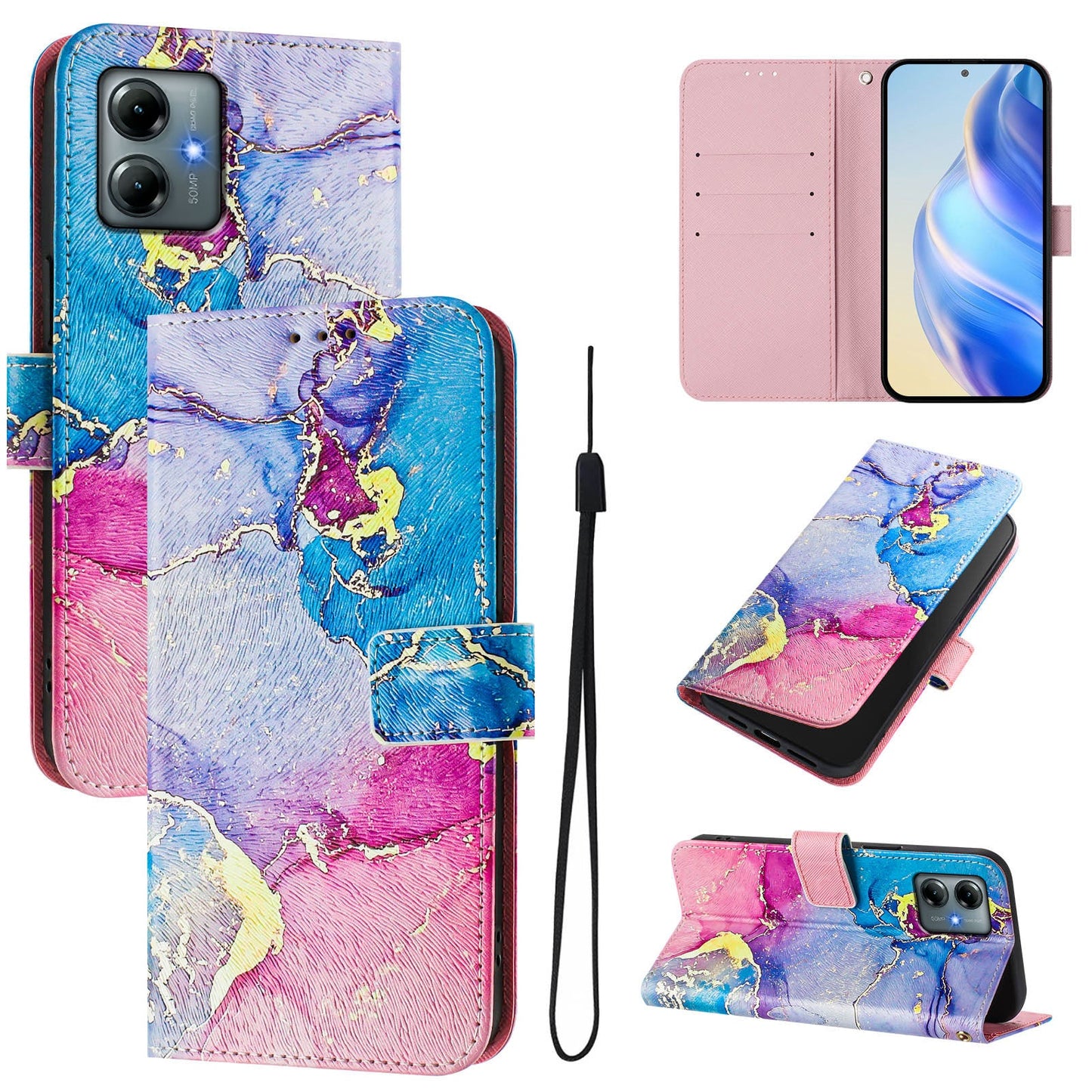 For Motorola Moto G Play (2025) 4G Case Pattern Printing Wallet Phone Cover with Strap - Multicolor Marble